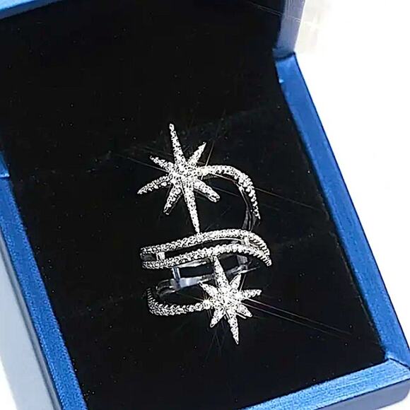 Silver Double Star Zircon Ring Celestial Moon - Picture 4 of 7